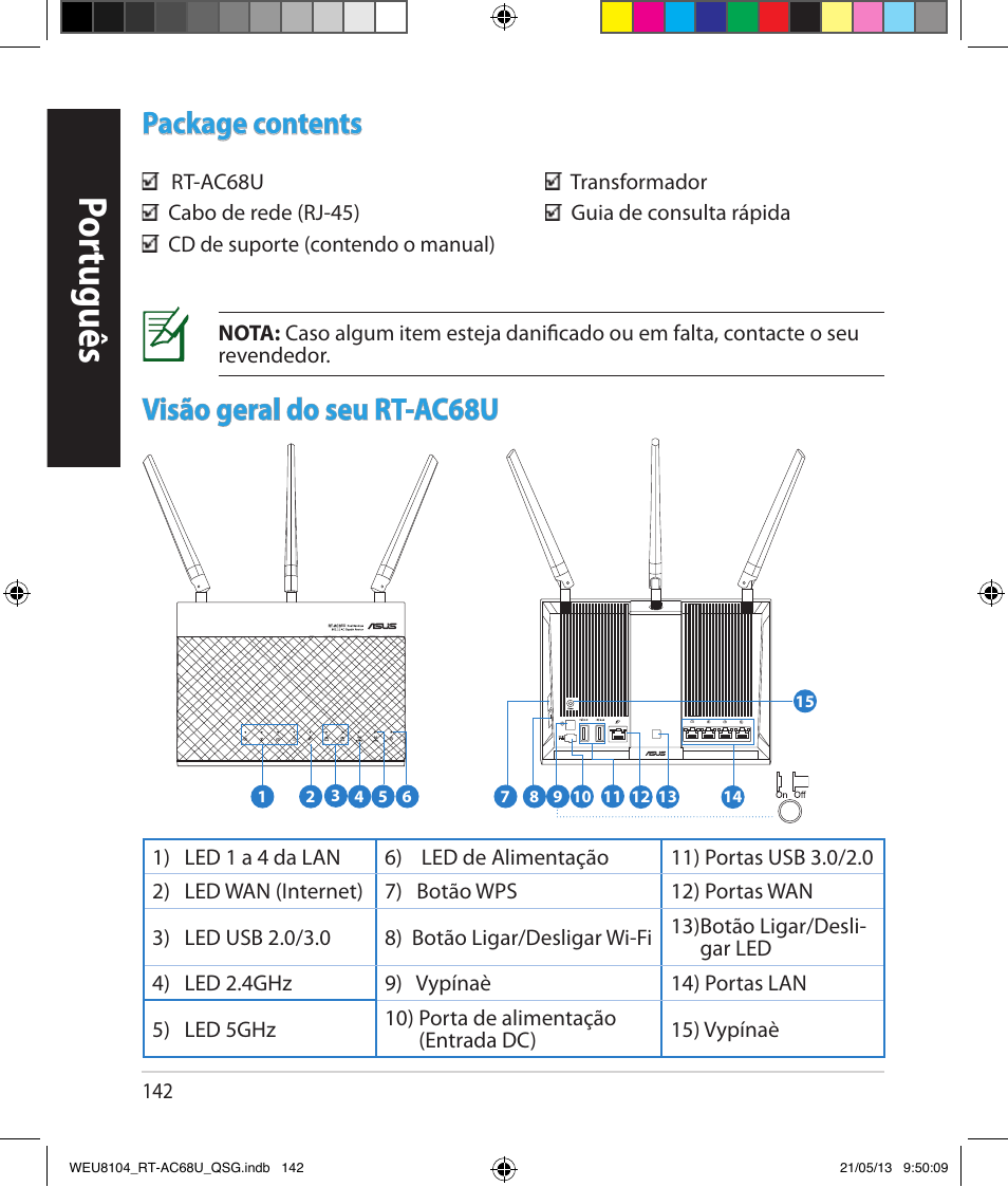 Por tuguês, Package contents, Visão geral do seu rt-ac68u | Asus RT-AC68U User Manual | Page 142 / 196