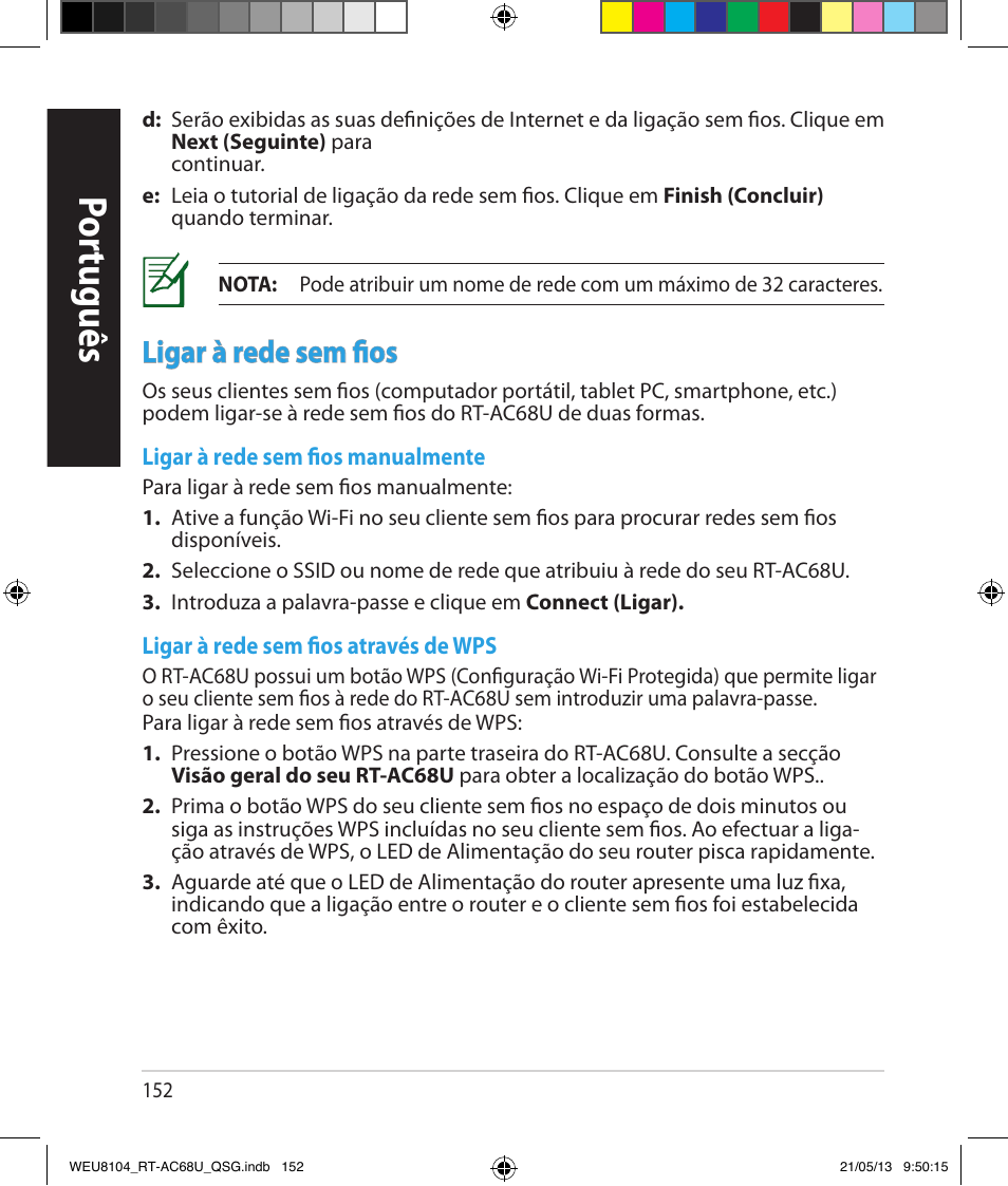 Por tuguês, Ligar à rede sem fios | Asus RT-AC68U User Manual | Page 152 / 196