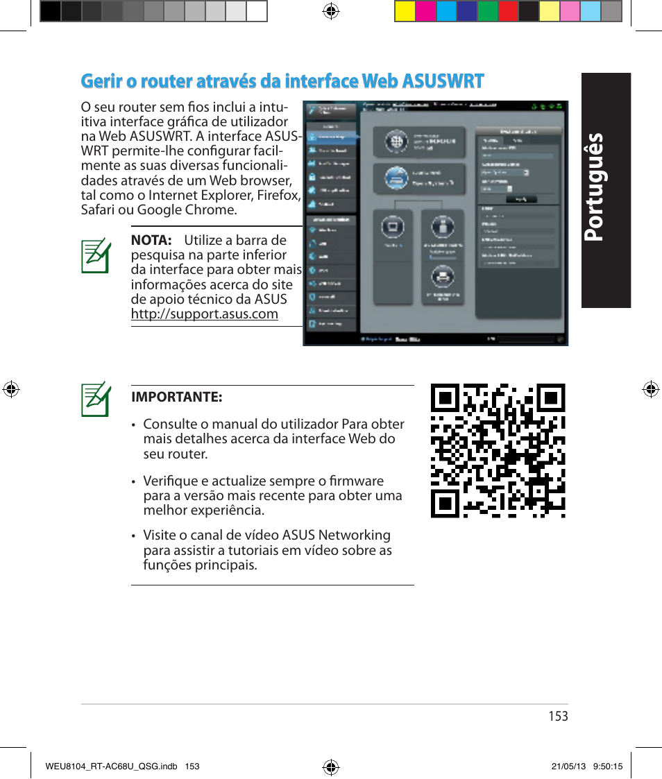 Por tuguês, Gerir o router através da interface web asuswrt | Asus RT-AC68U User Manual | Page 153 / 196
