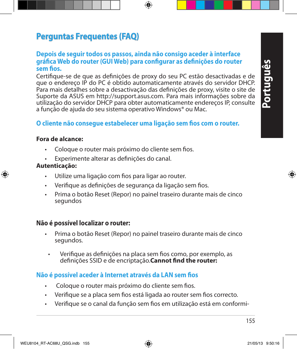 Por tuguês, Perguntas frequentes (faq) | Asus RT-AC68U User Manual | Page 155 / 196