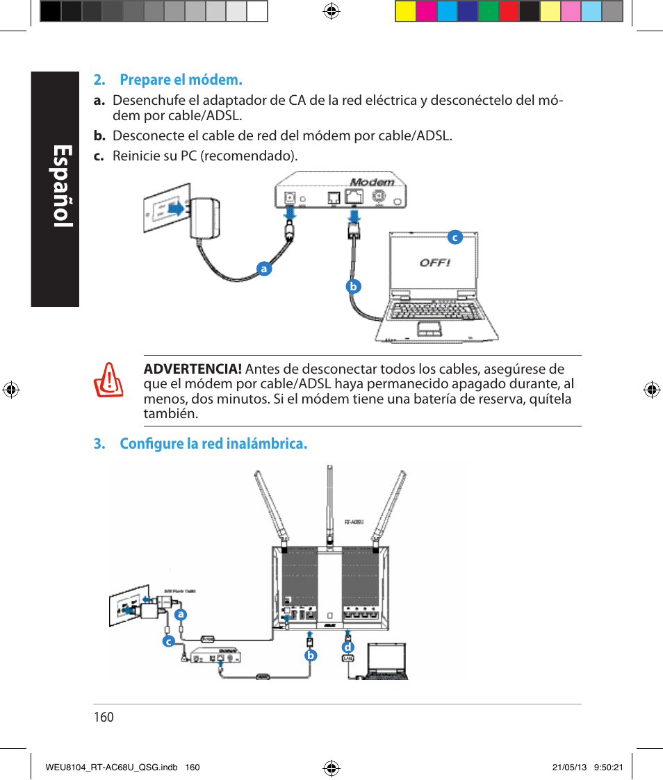 Español, Prepare el módem, Configure la red inalámbrica | Asus RT-AC68U User Manual | Page 160 / 196