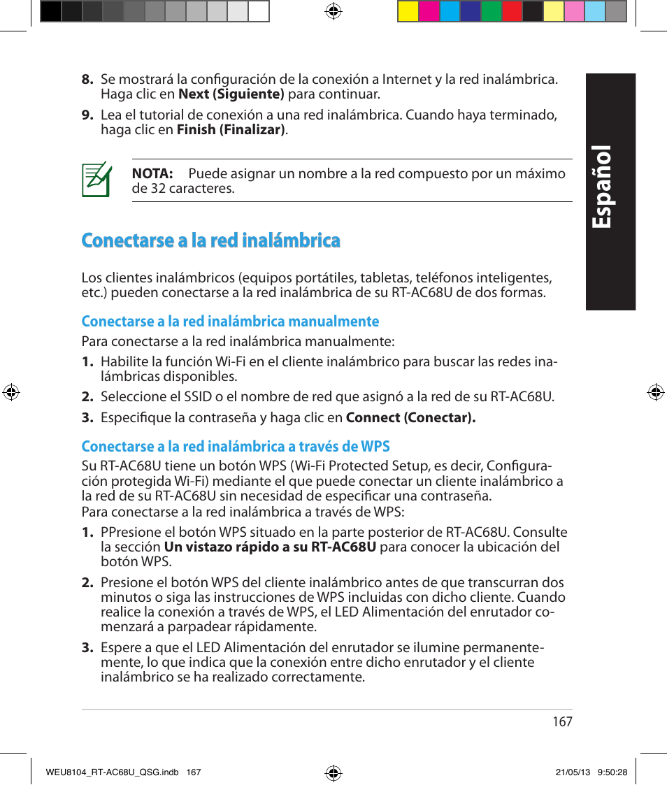 Español, Conectarse a la red inalámbrica | Asus RT-AC68U User Manual | Page 167 / 196