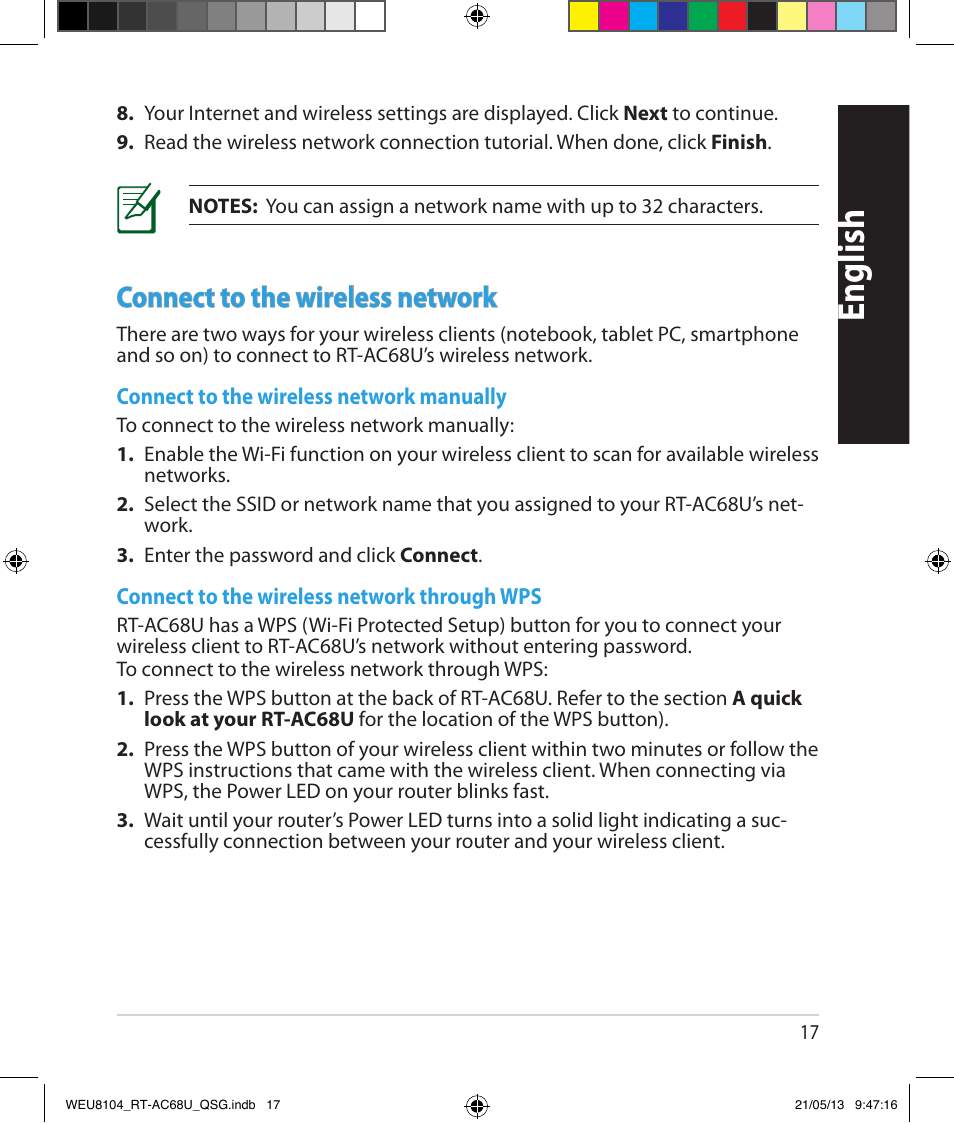 English, Connect to the wireless network | Asus RT-AC68U User Manual | Page 17 / 196