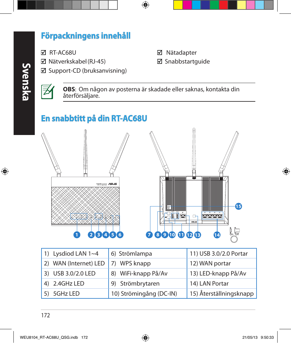 Sv ensk a, Förpackningens innehåll, En snabbtitt på din rt-ac68u | Asus RT-AC68U User Manual | Page 172 / 196