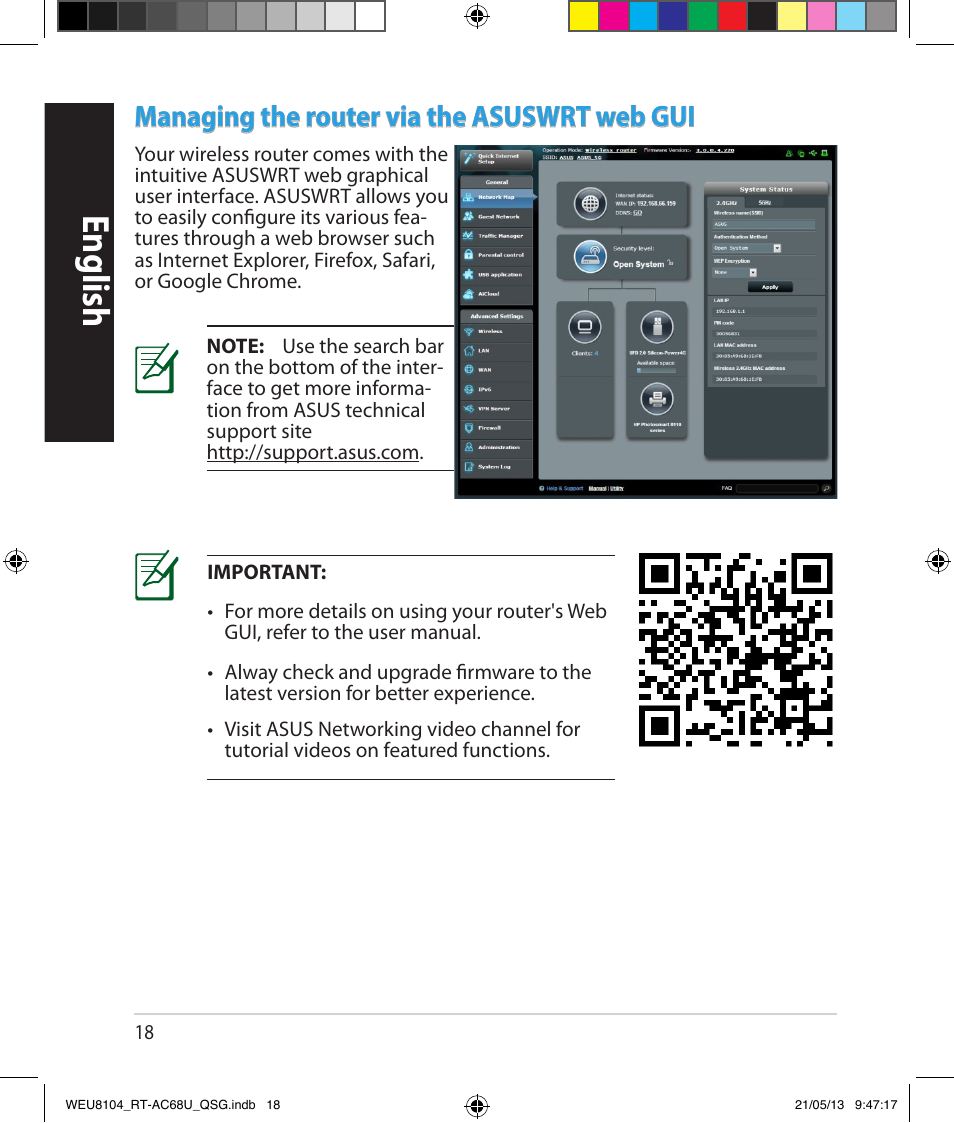 English, Managing the router via the asuswrt web gui | Asus RT-AC68U User Manual | Page 18 / 196