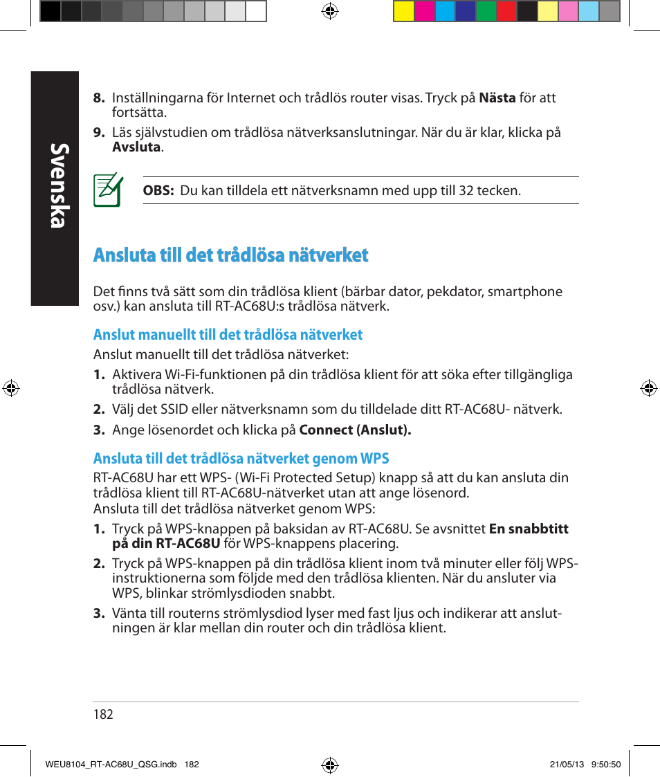 Sv ensk a, Ansluta till det trådlösa nätverket | Asus RT-AC68U User Manual | Page 182 / 196