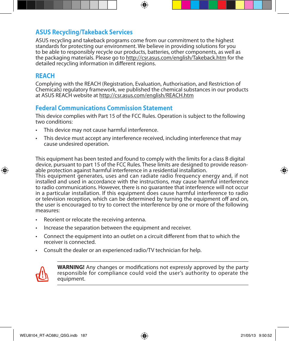 Asus recycling/takeback services, Reach, Federal communications commission statement | Asus RT-AC68U User Manual | Page 187 / 196