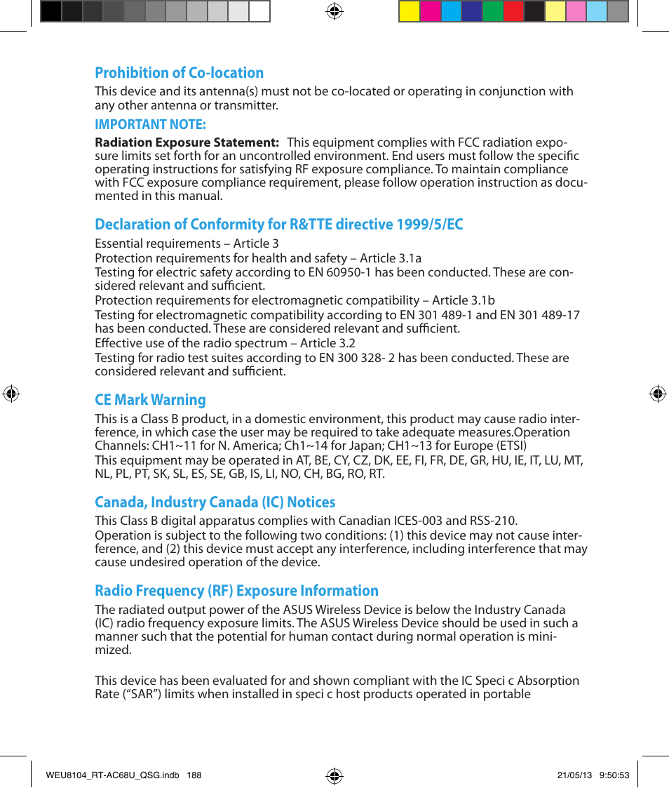 Prohibition of co-location, Ce mark warning, Canada, industry canada (ic) notices | Radio frequency (rf) exposure information | Asus RT-AC68U User Manual | Page 188 / 196