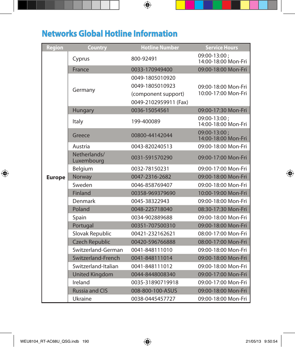 Networks global hotline information | Asus RT-AC68U User Manual | Page 190 / 196