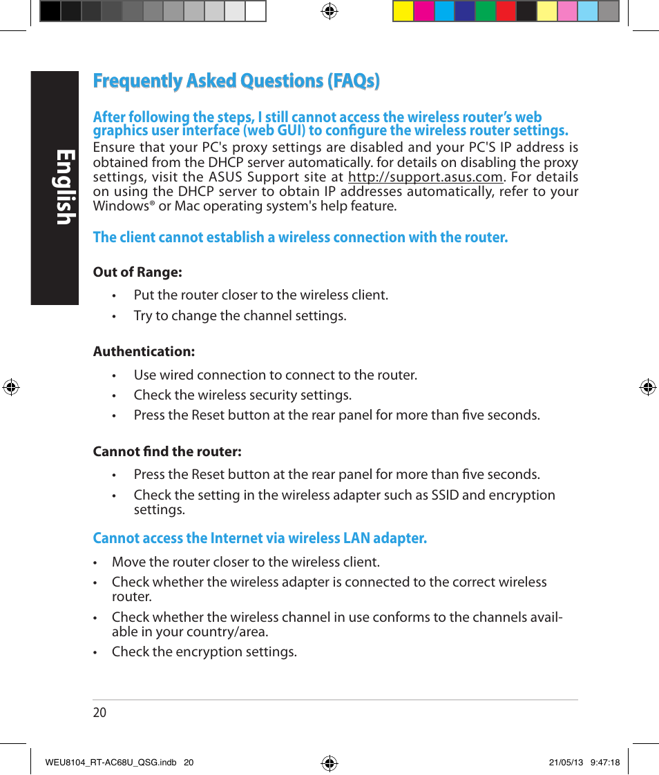 English, Frequently asked questions (faqs) | Asus RT-AC68U User Manual | Page 20 / 196