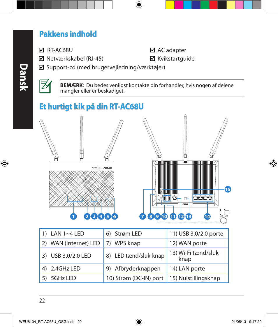 Dansk, Pakkens indhold, Et hurtigt kik på din rt-ac68u | Asus RT-AC68U User Manual | Page 22 / 196