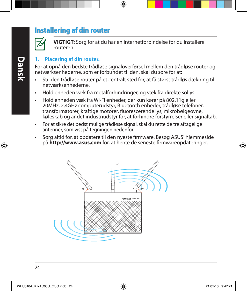 Dansk, Installering af din router | Asus RT-AC68U User Manual | Page 24 / 196