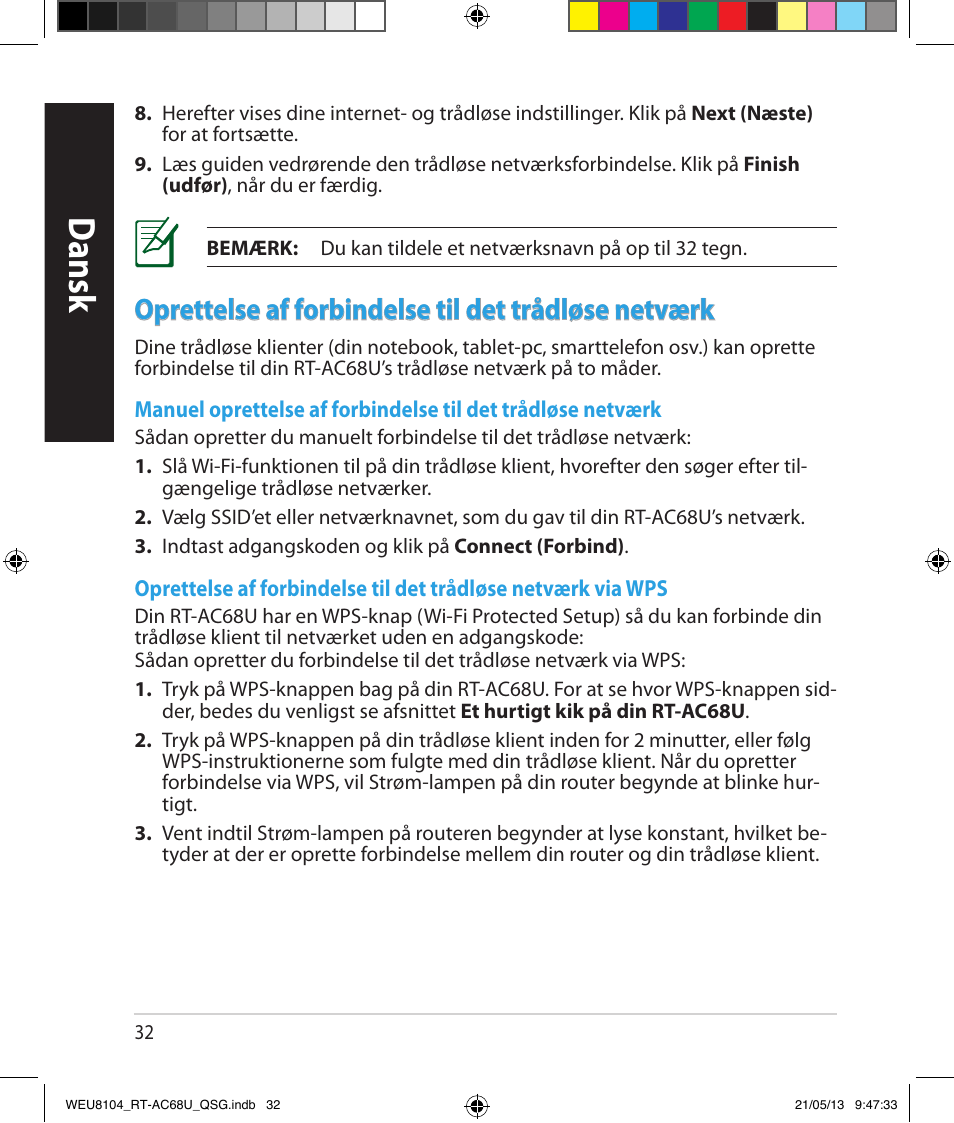 Dansk, Oprettelse af forbindelse til det trådløse netværk | Asus RT-AC68U User Manual | Page 32 / 196