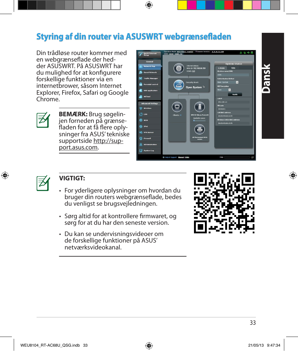 Dansk, Styring af din router via asuswrt webgrænsefladen | Asus RT-AC68U User Manual | Page 33 / 196