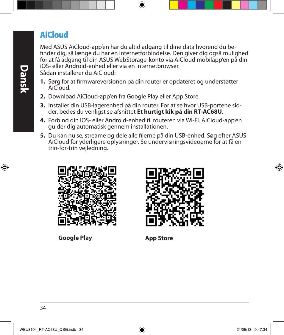 Dansk, Aicloud | Asus RT-AC68U User Manual | Page 34 / 196