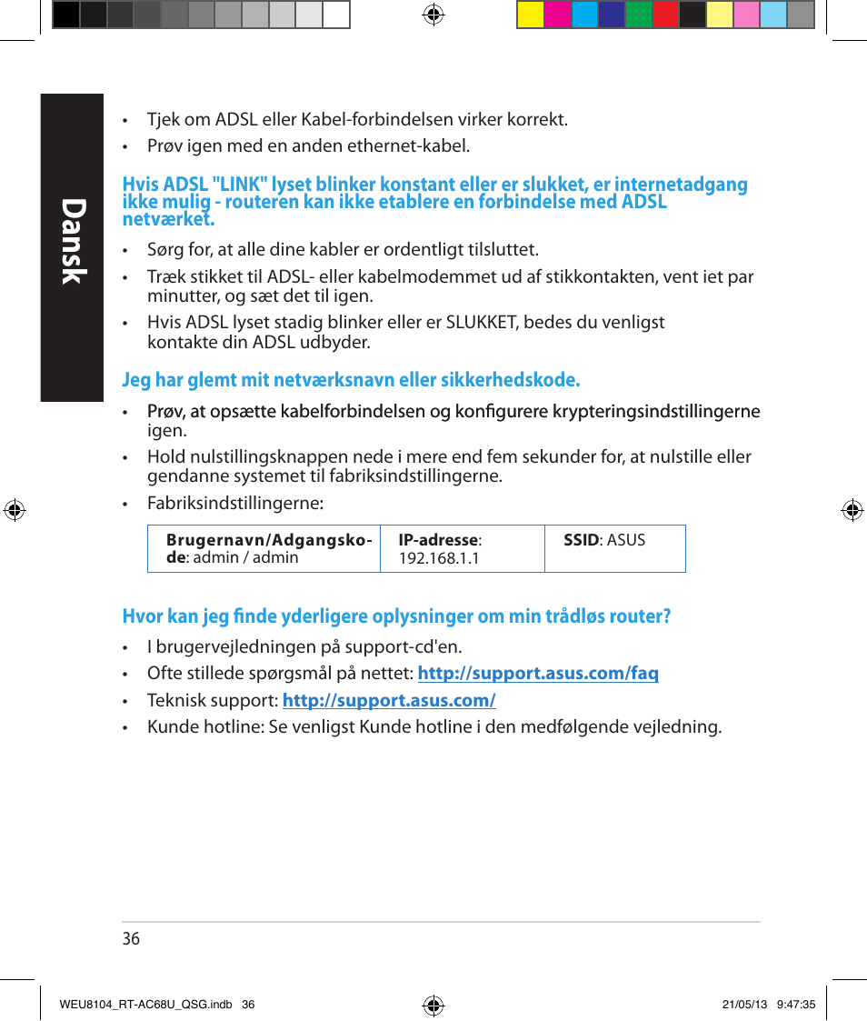 Dansk | Asus RT-AC68U User Manual | Page 36 / 196
