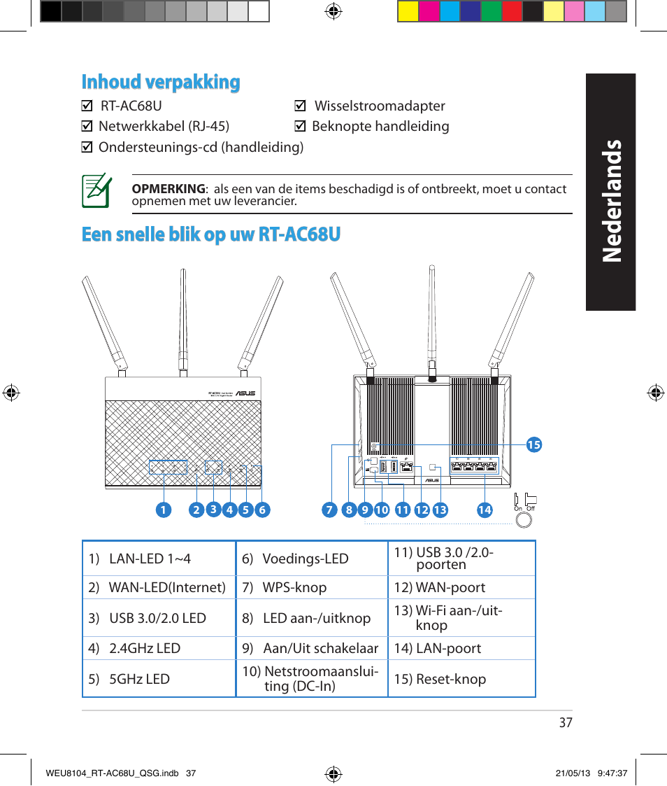 Neder lands, Inhoud verpakking, Een snelle blik op uw rt-ac68u | Asus RT-AC68U User Manual | Page 37 / 196