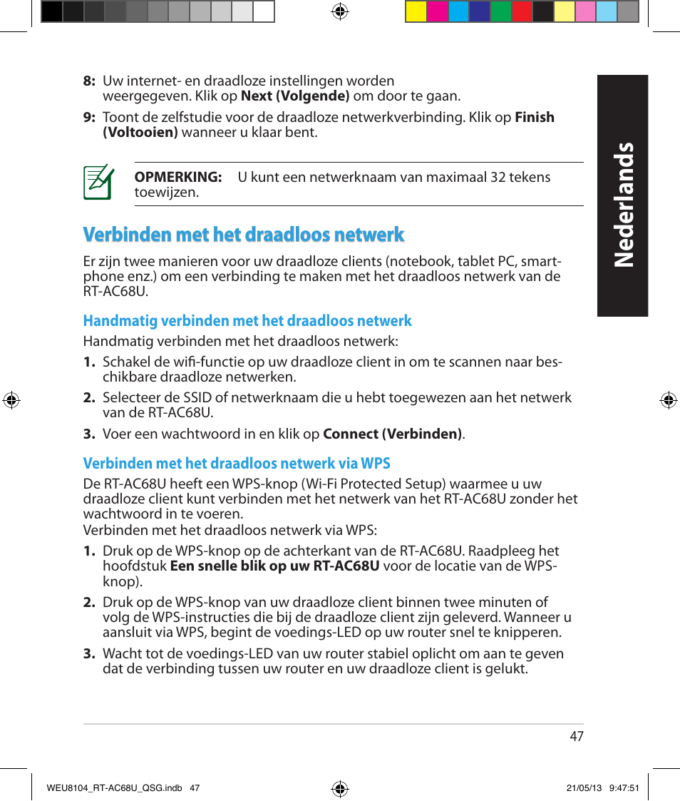 Neder lands, Verbinden met het draadloos netwerk | Asus RT-AC68U User Manual | Page 47 / 196