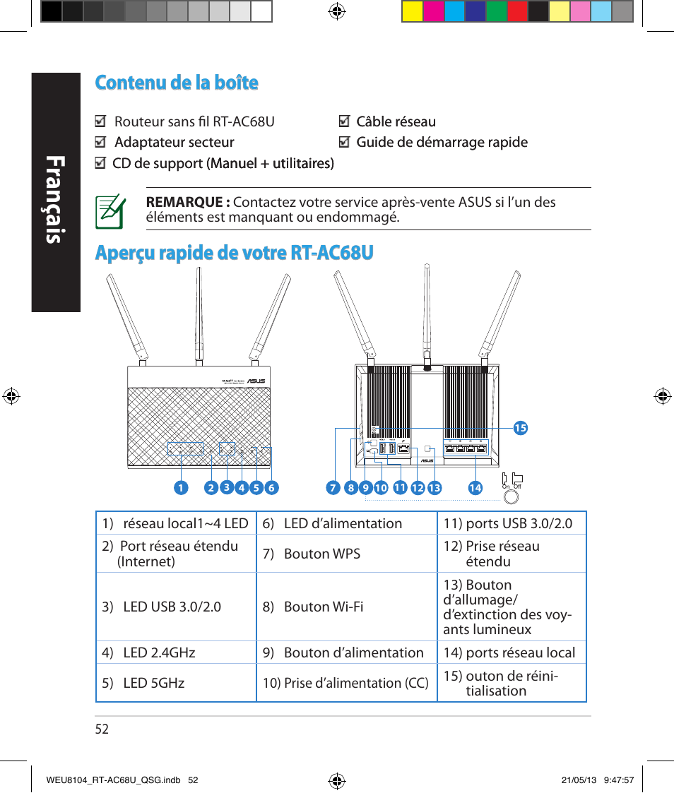 Fr anç ais franç ais fr anç ais franç ais, Franç ais, Contenu de la boîte | Aperçu rapide de votre rt-ac68u | Asus RT-AC68U User Manual | Page 52 / 196