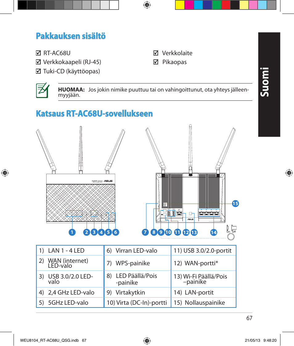 Suomi, Pakkauksen sisältö, Katsaus rt-ac68u-sovellukseen | Asus RT-AC68U User Manual | Page 67 / 196