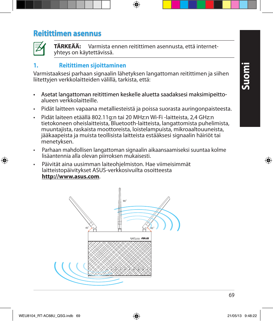 Suomi, Reitittimen asennus, Reitittimen sijoittaminen | Asus RT-AC68U User Manual | Page 69 / 196