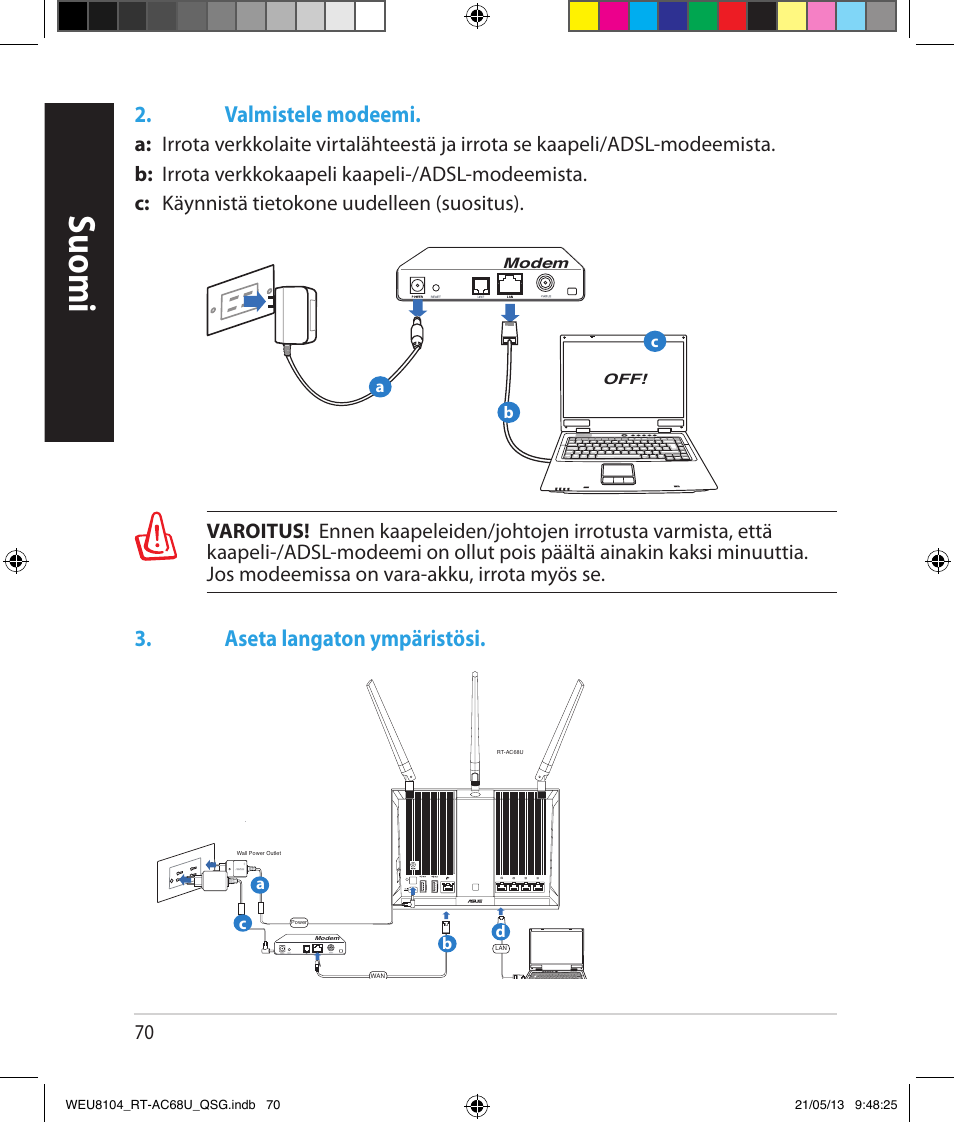 Suomi, Valmistele modeemi, Aseta langaton ympäristösi | Asus RT-AC68U User Manual | Page 70 / 196