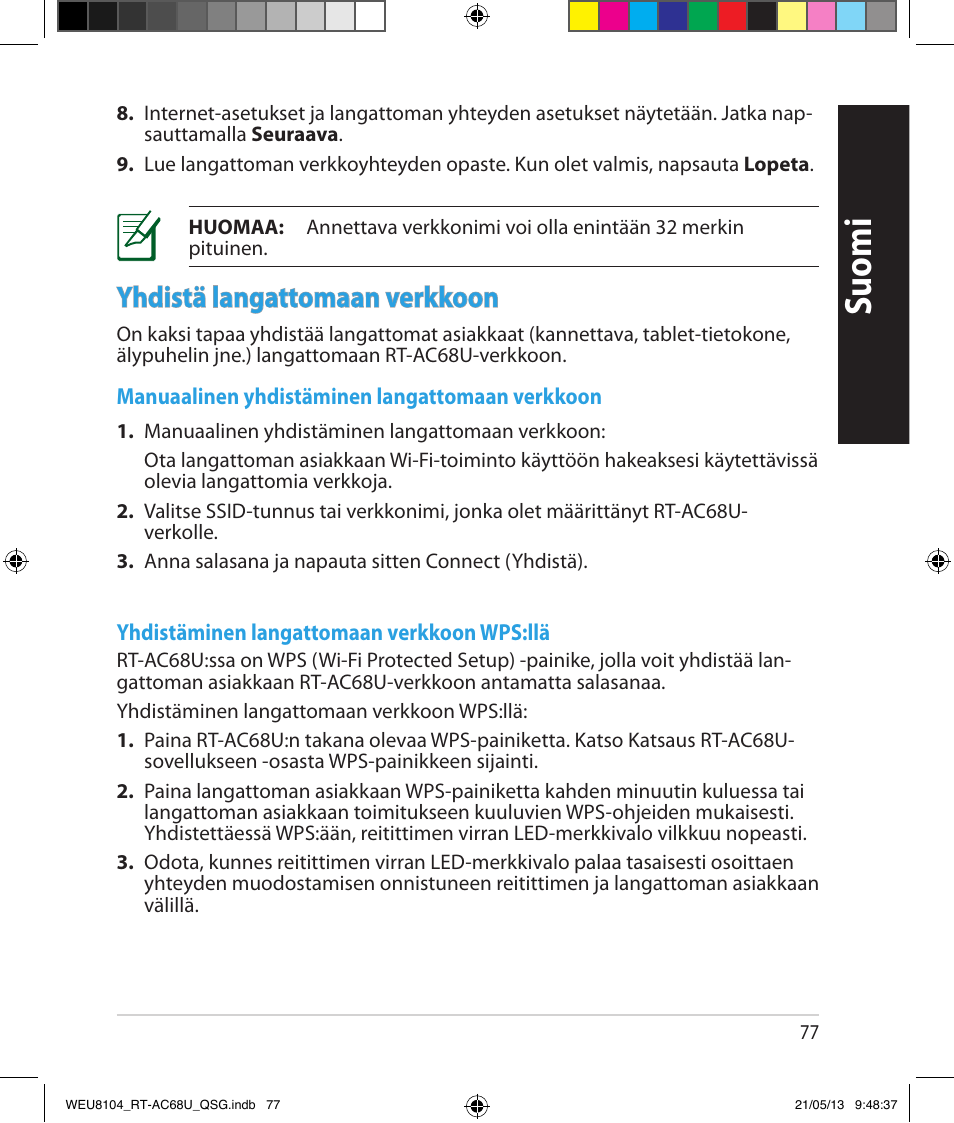 Suomi, Yhdistä langattomaan verkkoon | Asus RT-AC68U User Manual | Page 77 / 196