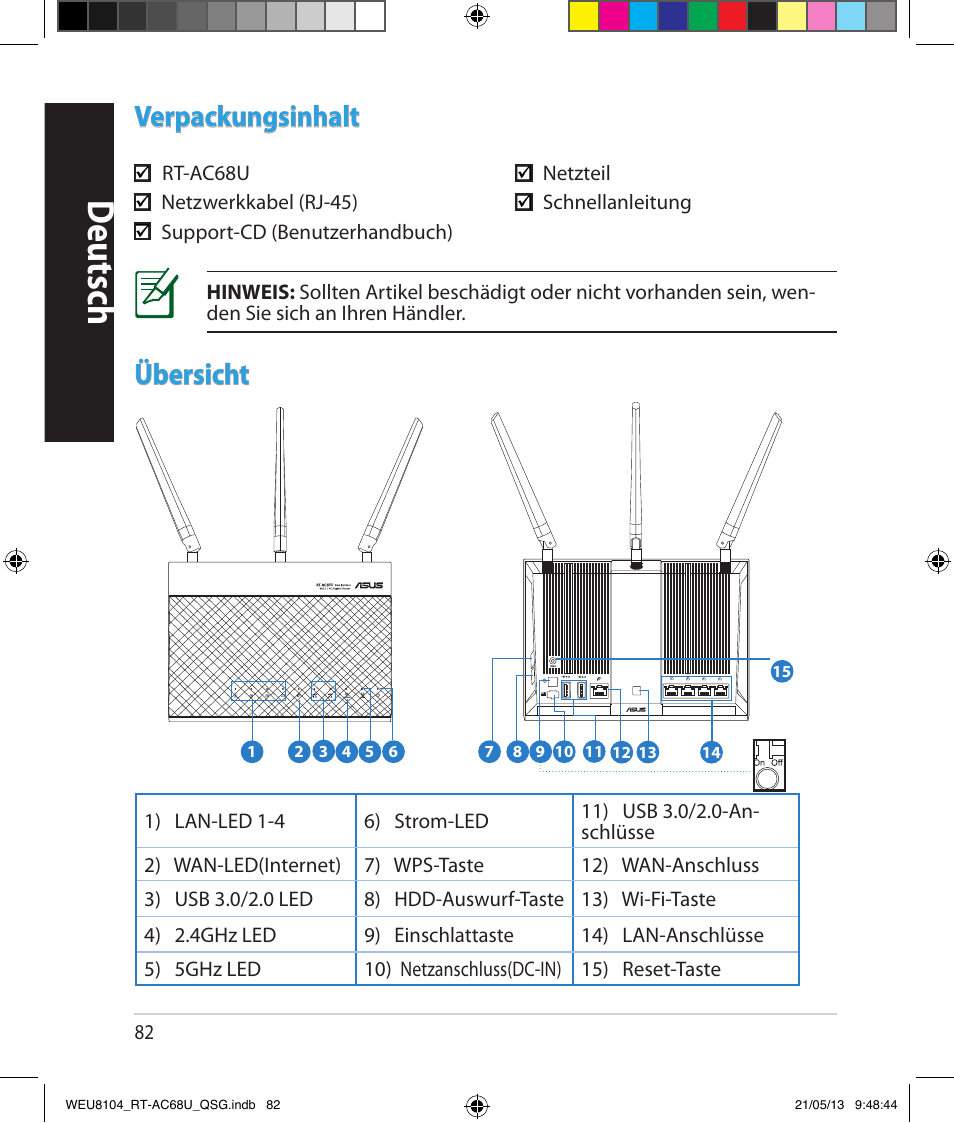 Deutsch, Detutsch, Verpackungsinhalt | Übersicht | Asus RT-AC68U User Manual | Page 82 / 196