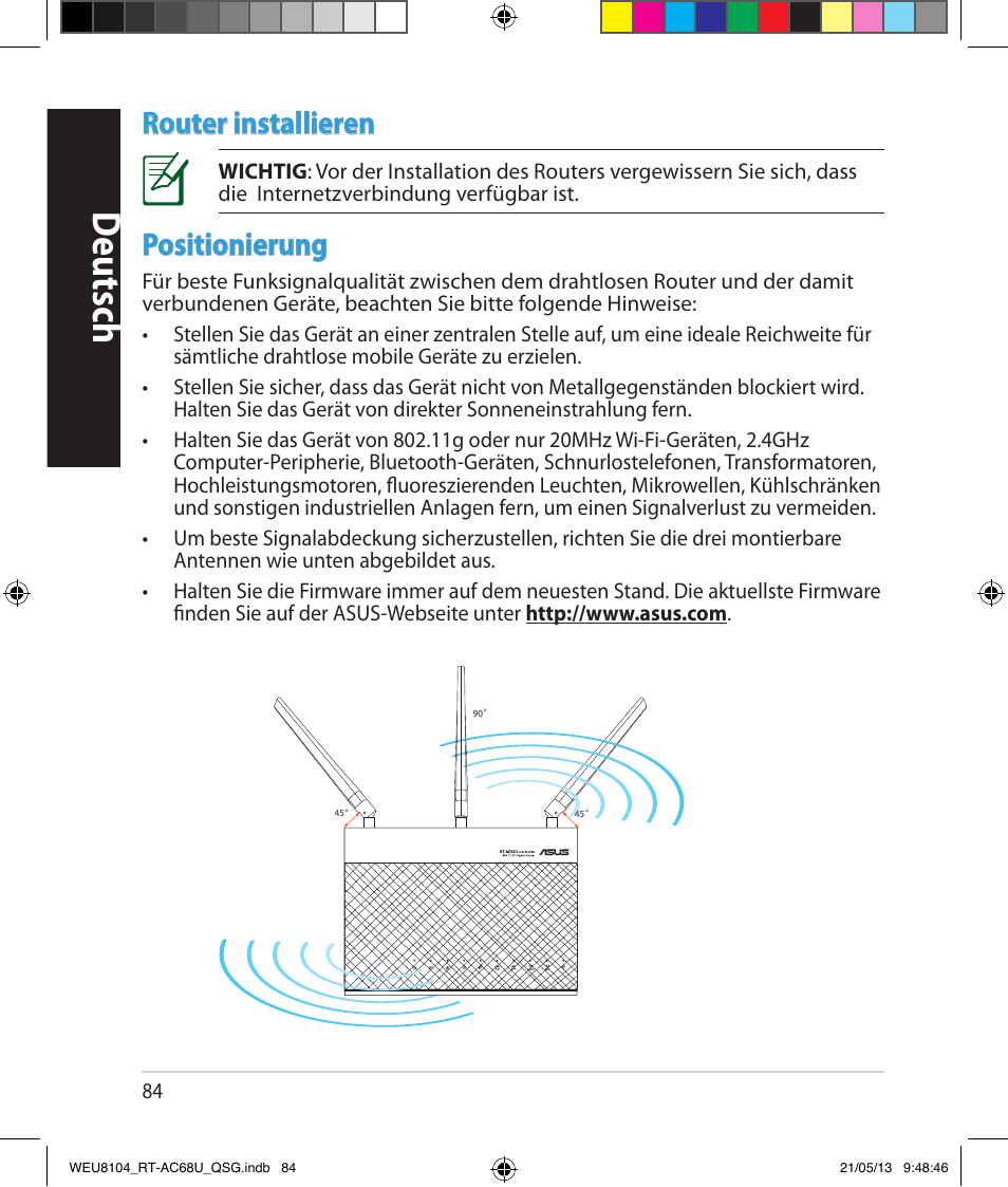 Deutsch, Router installieren, Positionierung | Asus RT-AC68U User Manual | Page 84 / 196