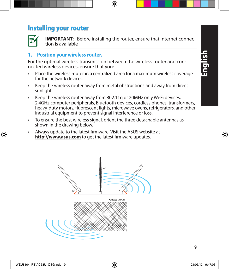 English, Installing your router, Position your wireless router | Asus RT-AC68U User Manual | Page 9 / 196