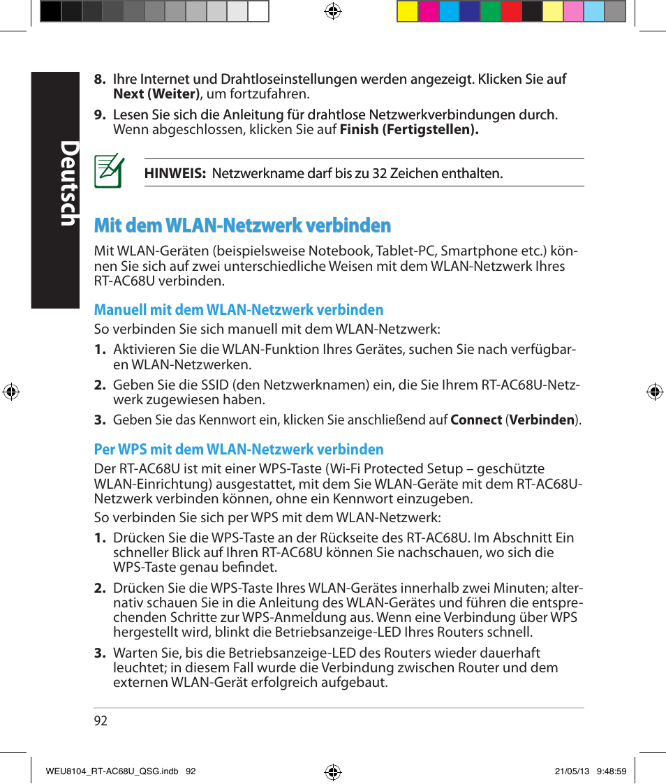 Deutsch, Mit dem wlan-netzwerk verbinden | Asus RT-AC68U User Manual | Page 92 / 196