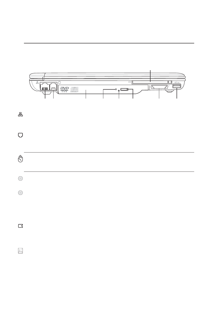 Left side, Knowing the parts, Pc card (pcmcia) socket | Lan port, Modem port, Optical drive, Electronic eject, emergency eject, activity led | Asus M5A User Manual | Page 20 / 76