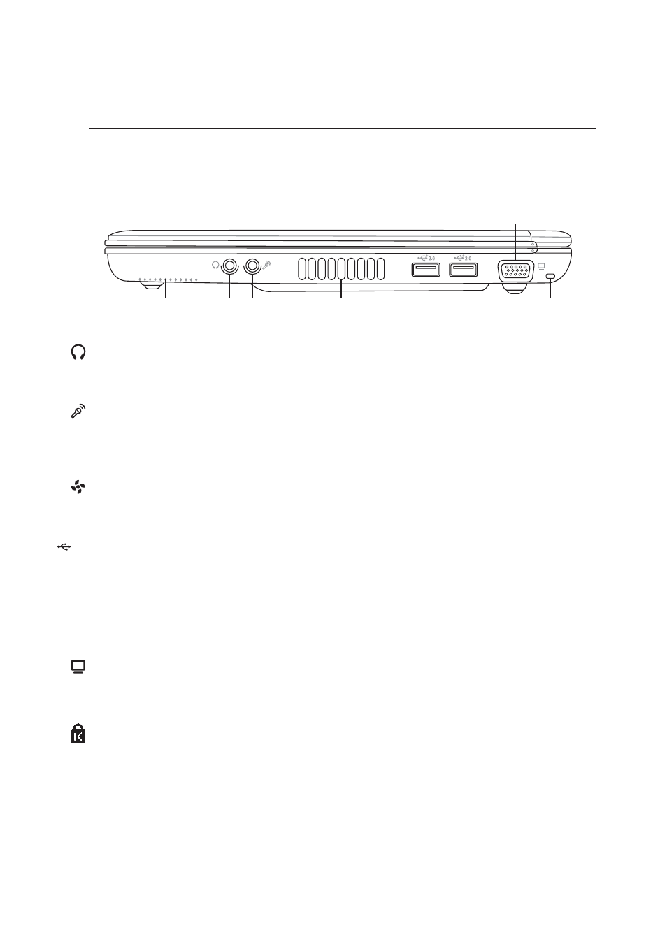 Right side, 21 knowing the parts, Microphone input jack (mic input) | Headphone output jack (head output), Usb 2.0 ports, Monitor output, Air vents, Kensington, Lock port | Asus M5A User Manual | Page 21 / 76