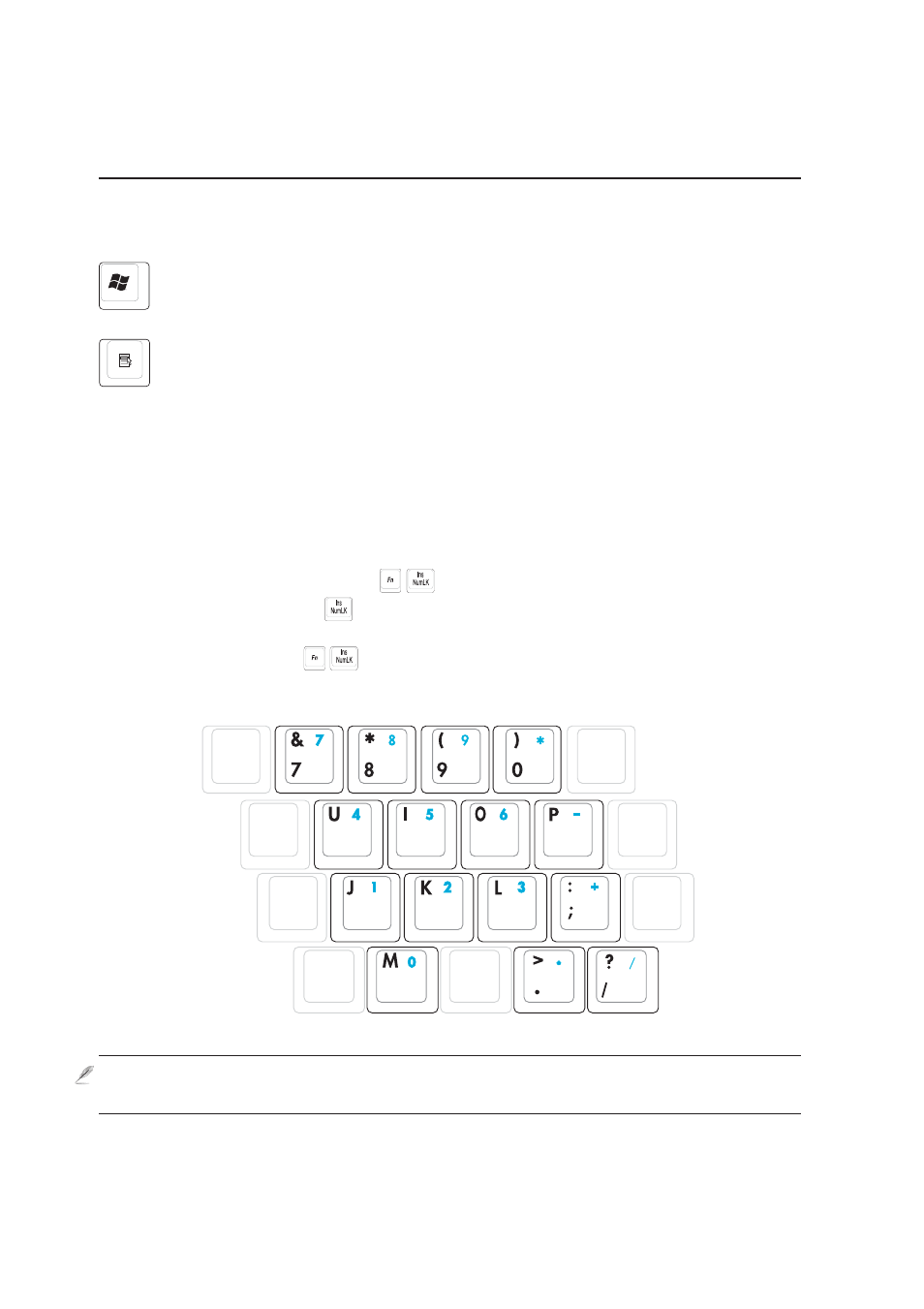 Keyboard as a numeric keypad, Microsoft windows™ keys | Asus M5A User Manual | Page 38 / 76