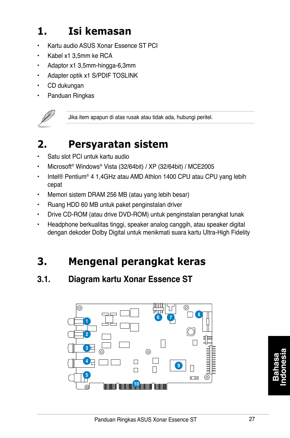 Isi kemasan, Mengenal perangkat keras, Persyaratan sistem | Diagram kartu xonar essence st, Bahasa indonesia | Asus Xonar Essence ST User Manual | Page 27 / 40