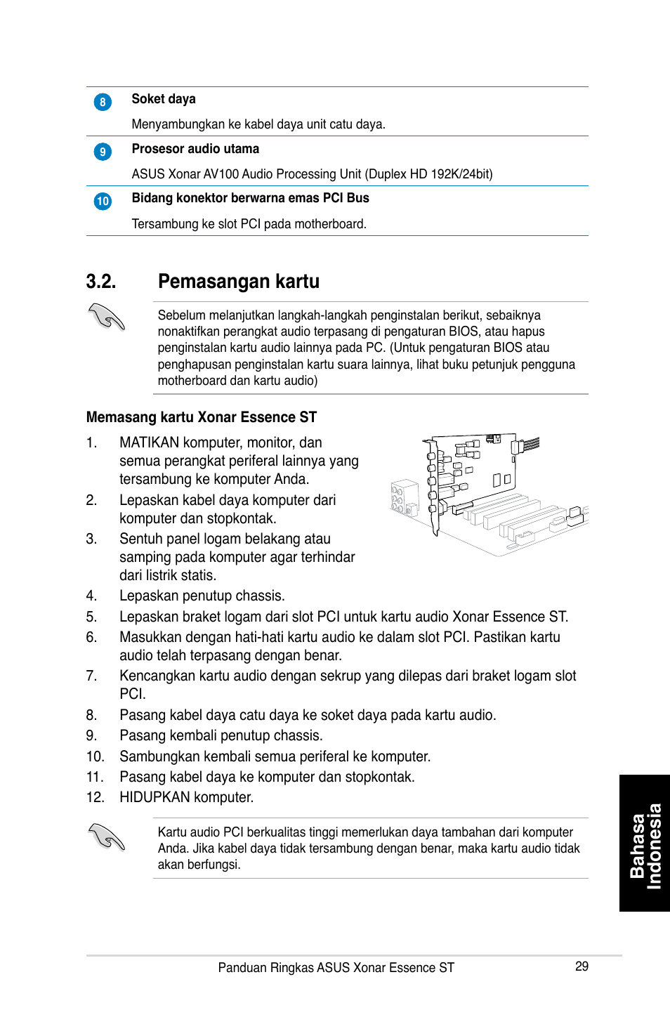 Pemasangan kartu, Bahasa indonesia | Asus Xonar Essence ST User Manual | Page 29 / 40