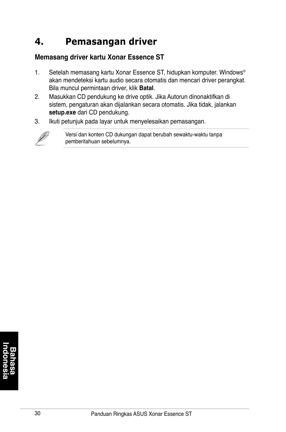 Pemasangan driver, Bahasa indonesia | Asus Xonar Essence ST User Manual | Page 30 / 40