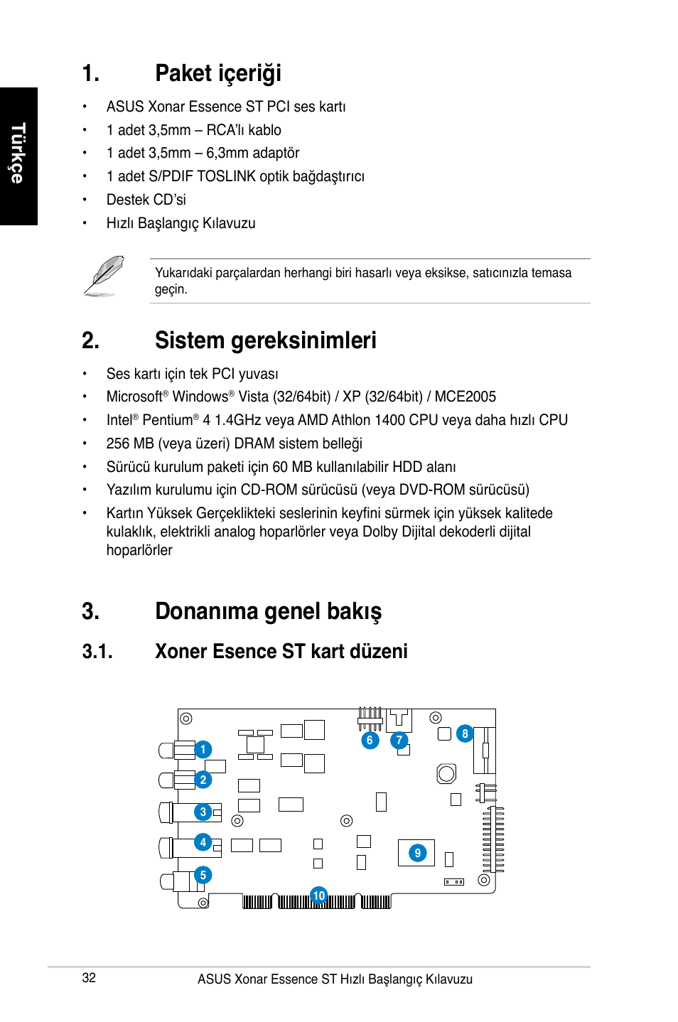 Paket içeriği, Donanıma genel bakış, Sistem gereksinimleri | Xoner esence st kart düzeni, Türkçe | Asus Xonar Essence ST User Manual | Page 32 / 40