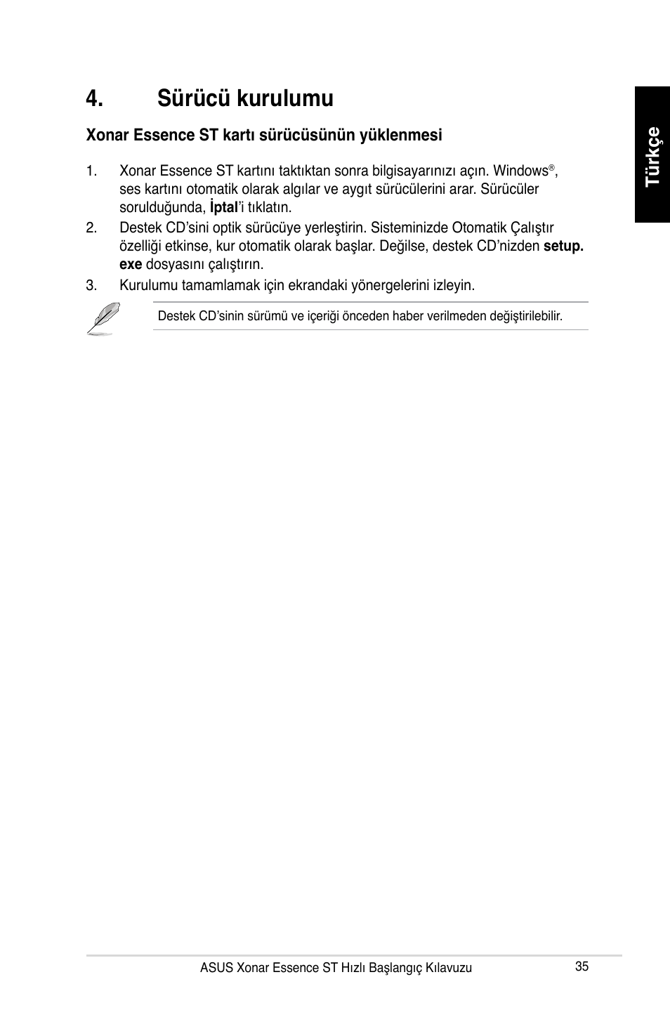Sürücü kurulumu, Türkçe | Asus Xonar Essence ST User Manual | Page 35 / 40
