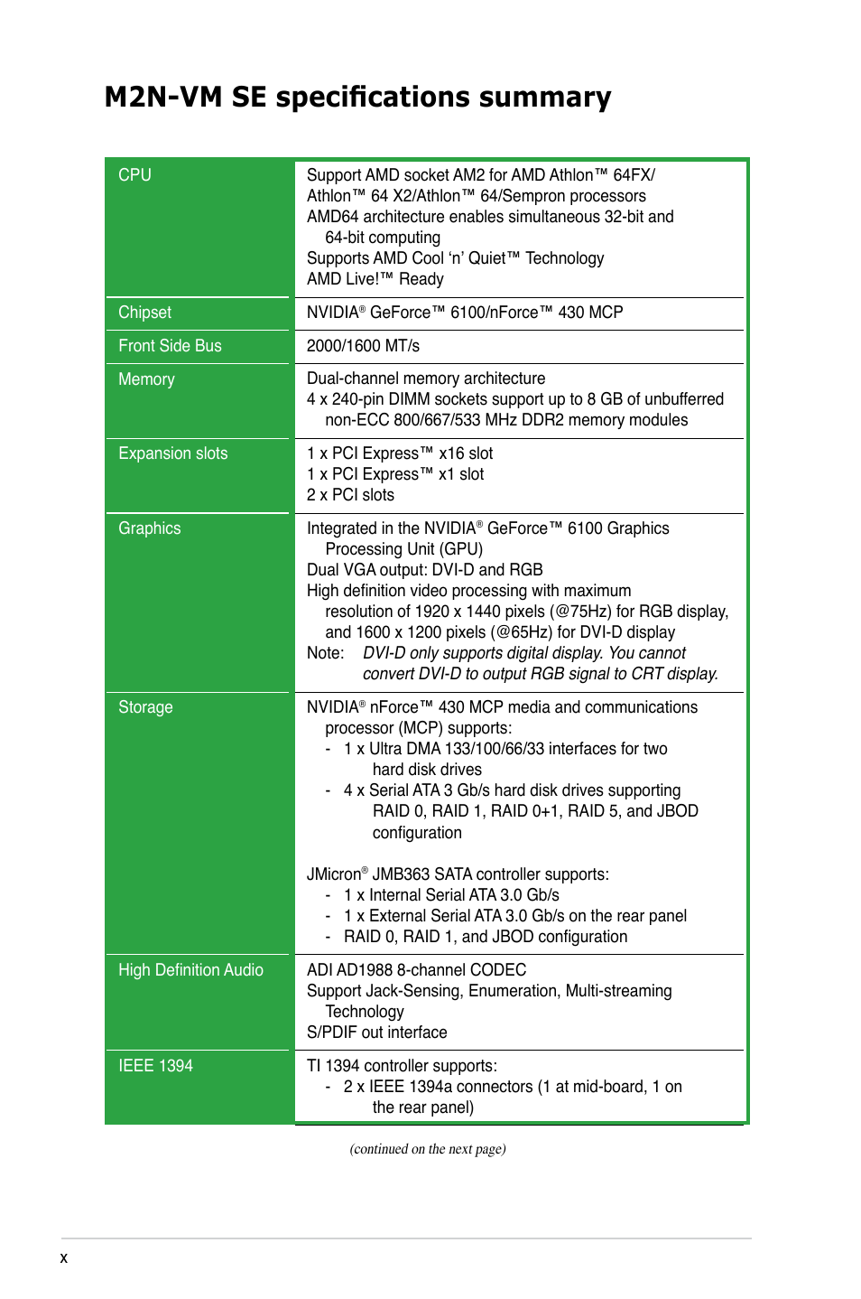 M2n-vm se specifications summary | Asus M2N-VM SE User Manual | Page 10 / 102