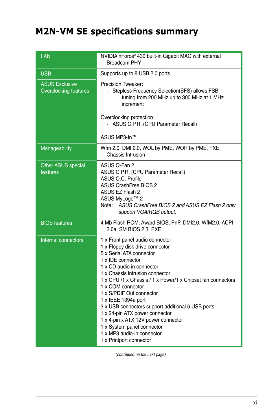 M2n-vm se specifications summary | Asus M2N-VM SE User Manual | Page 11 / 102