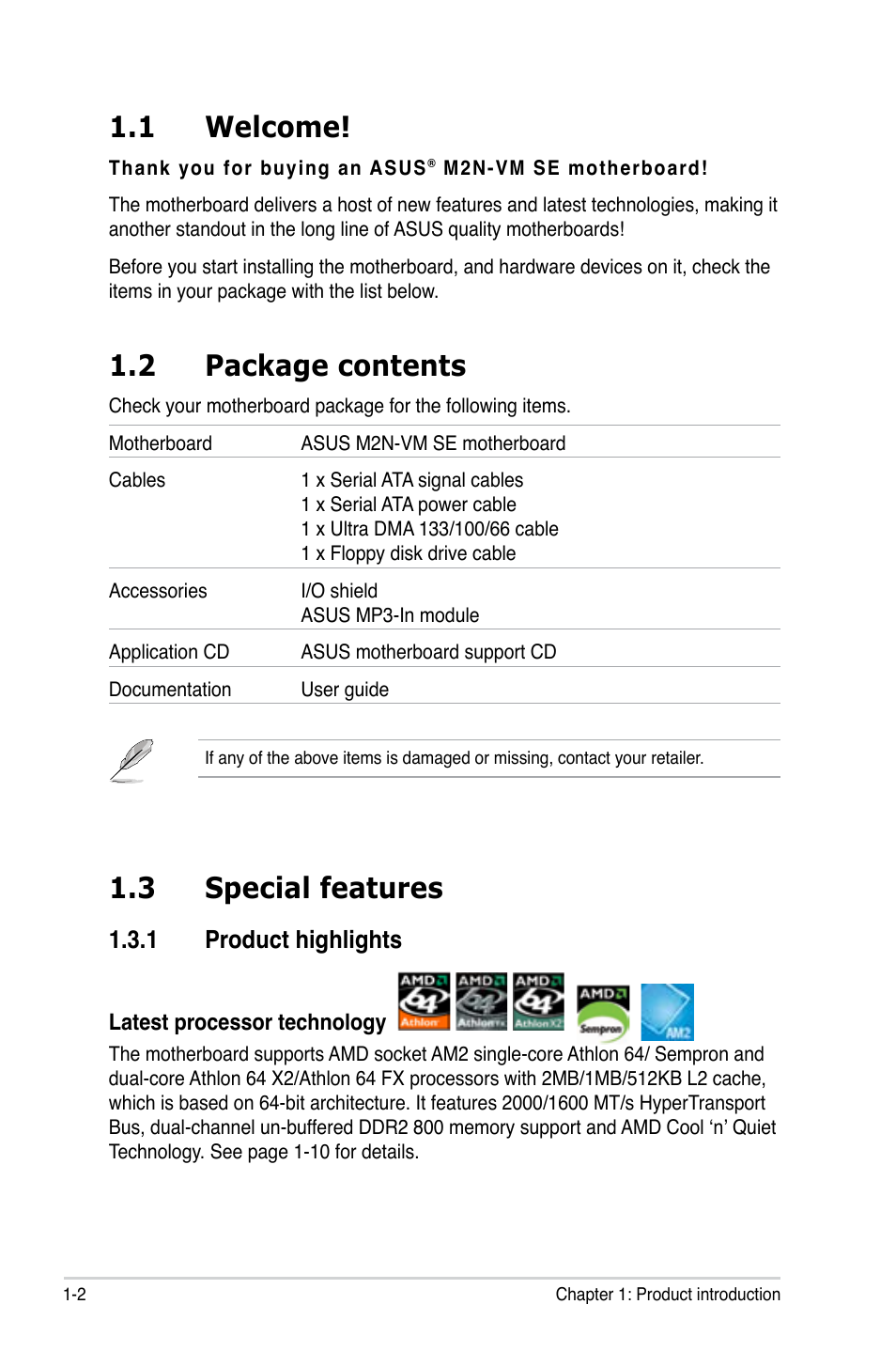 1 welcome, 2 package contents, 3 special features | Product.highlights | Asus M2N-VM SE User Manual | Page 14 / 102