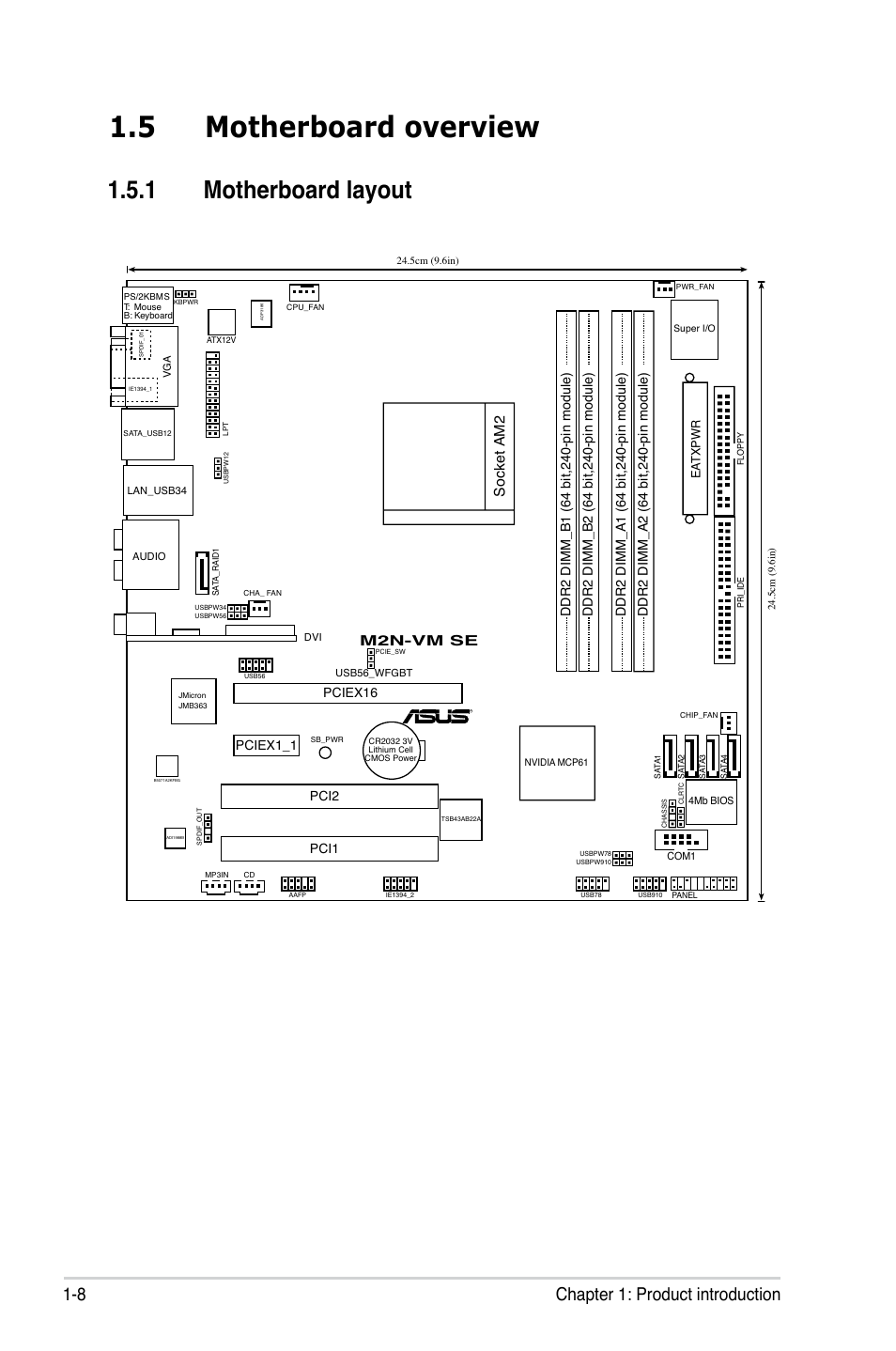 5 motherboard overview, Motherboard.layout, 8 chapter 1: product introduction | Socket am2, M2n-vm se | Asus M2N-VM SE User Manual | Page 20 / 102