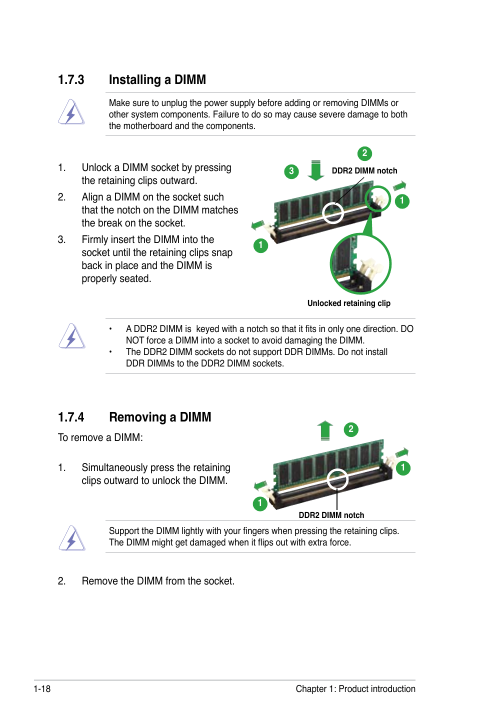 Installing.a.dimm, Removing.a.dimm | Asus M2N-VM SE User Manual | Page 30 / 102
