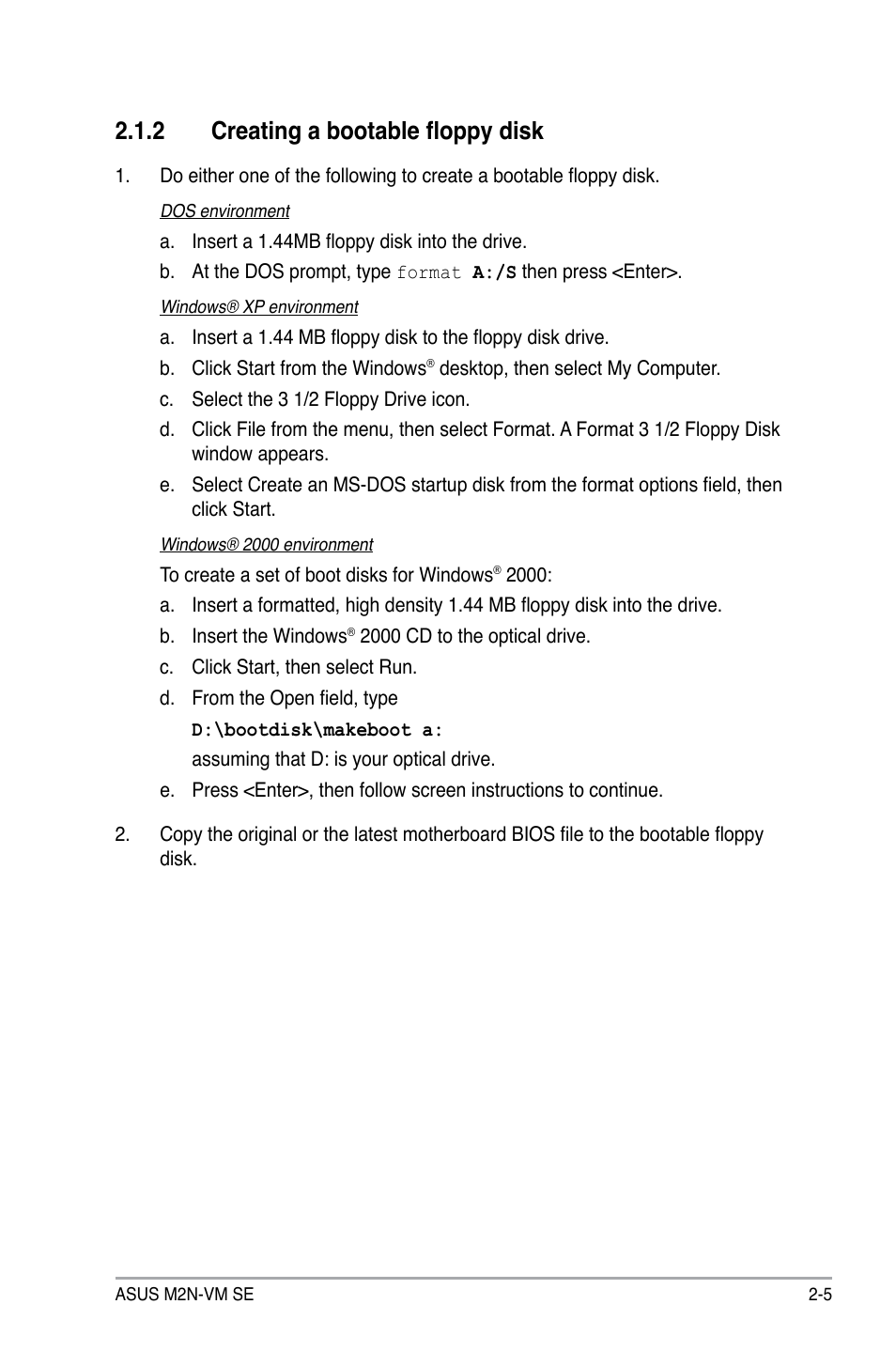 2 creating a bootable floppy disk | Asus M2N-VM SE User Manual | Page 53 / 102