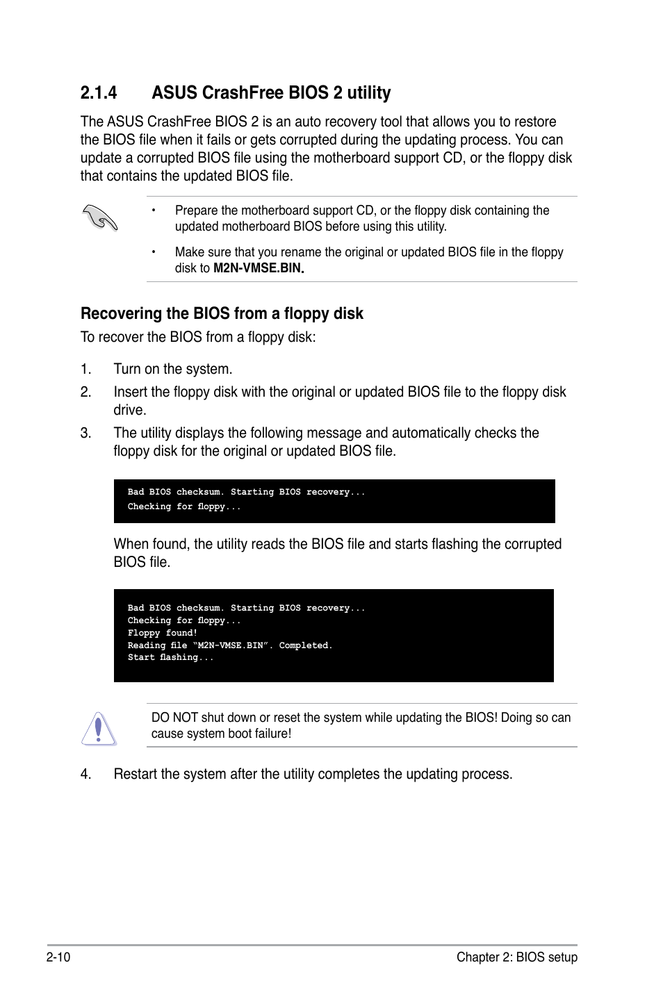 Asus.crashfree.bios.2.utility, Recovering the bios from a floppy disk | Asus M2N-VM SE User Manual | Page 58 / 102