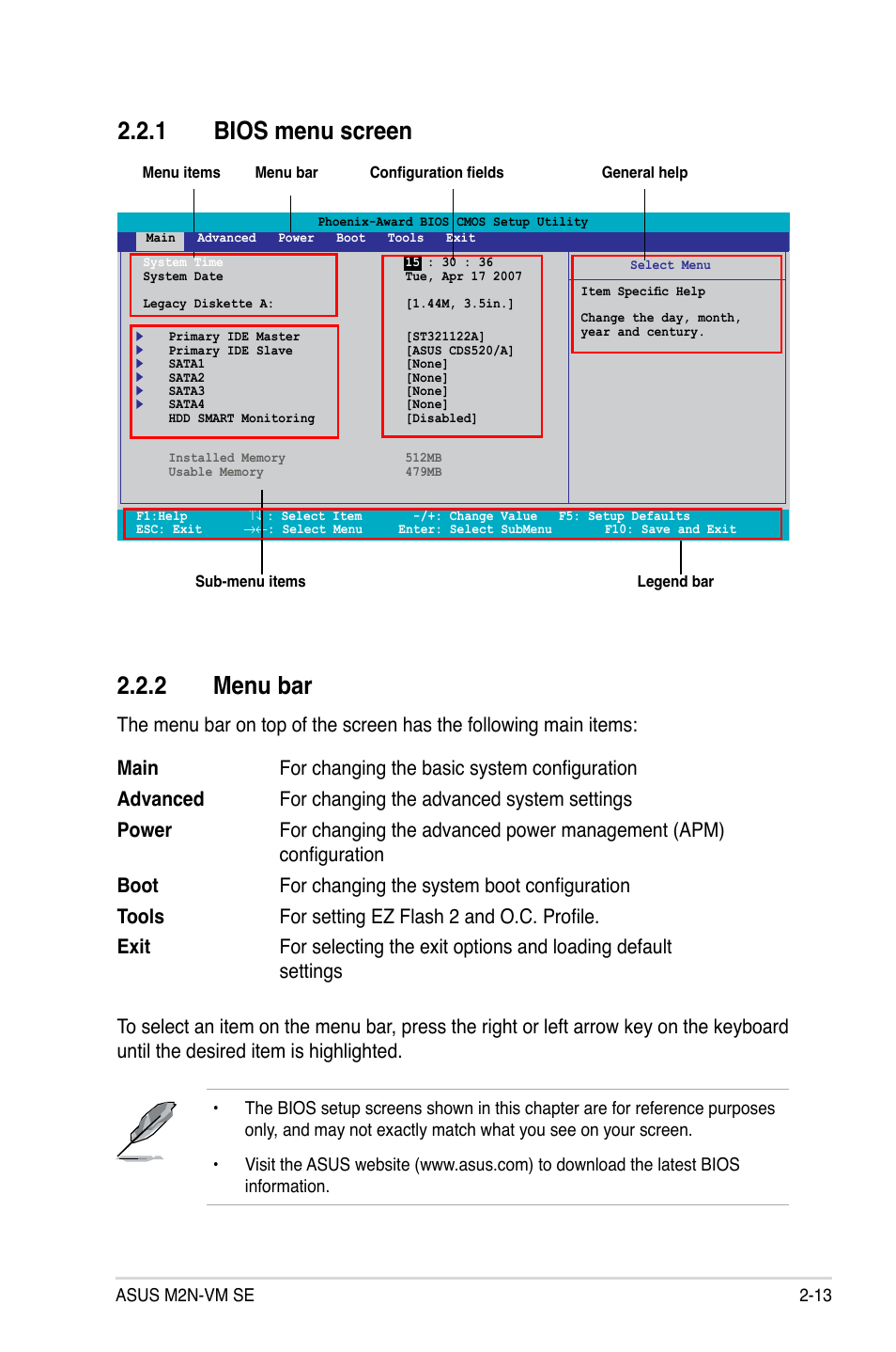 Bios.menu.screen, Menu.bar | Asus M2N-VM SE User Manual | Page 61 / 102