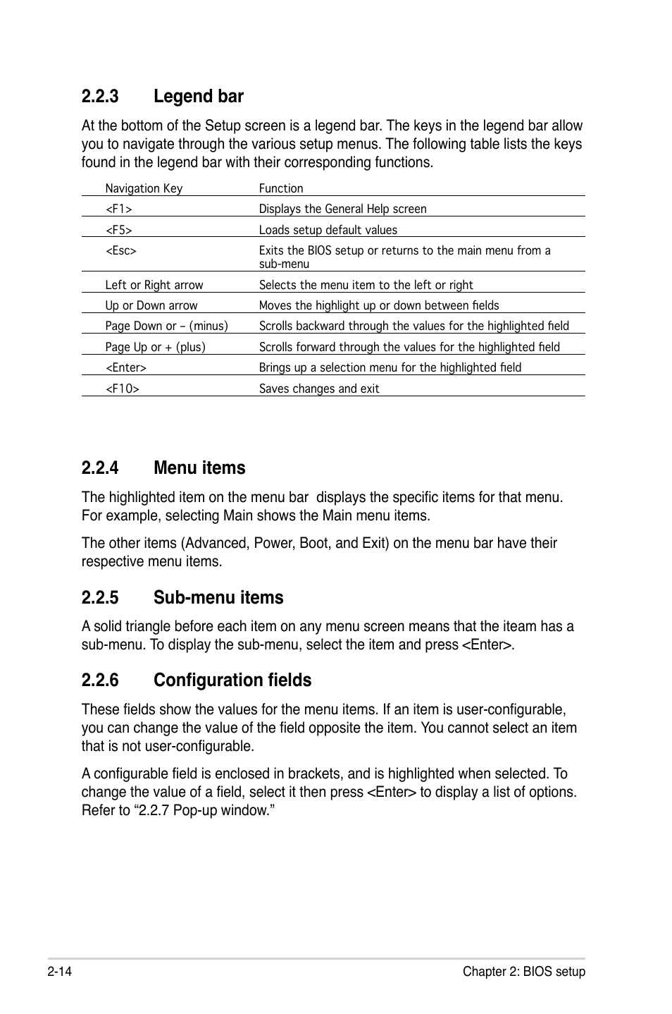 Menu.items, Sub-menu.items, 6 configuration fields | Legend.bar | Asus M2N-VM SE User Manual | Page 62 / 102