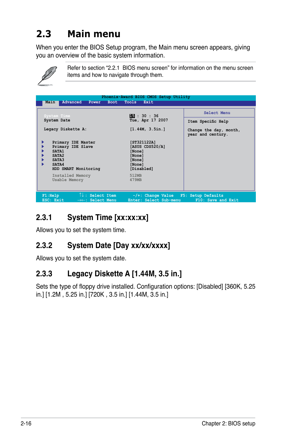 3 main menu, System.time.[xx:xx:xx, Allows you to set the system time | Allows you to set the system date | Asus M2N-VM SE User Manual | Page 64 / 102