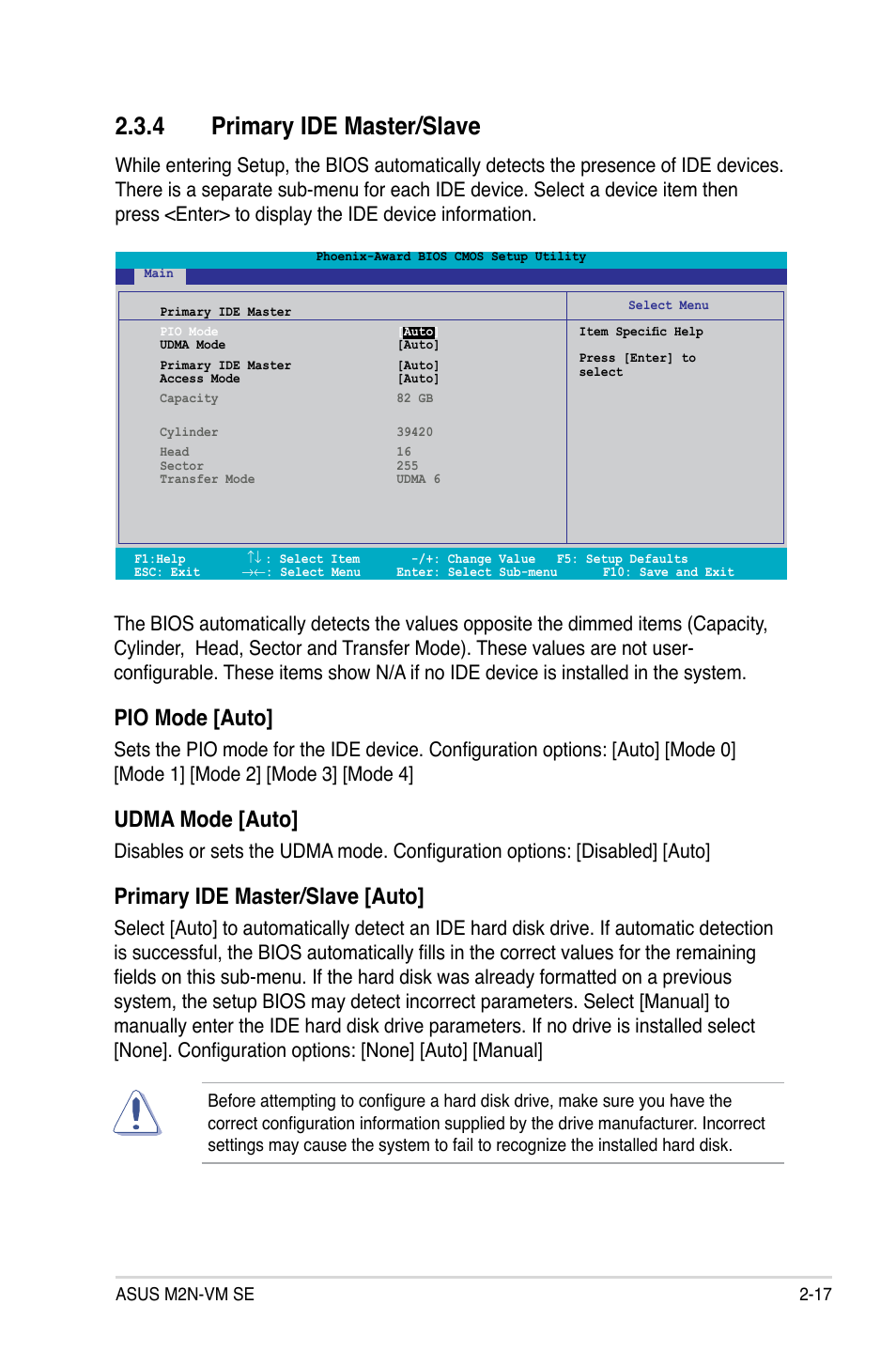 Primary.ide.master/slave, Pio.mode.[auto, Udma.mode.[auto | Primary.ide.master/slave.[auto | Asus M2N-VM SE User Manual | Page 65 / 102